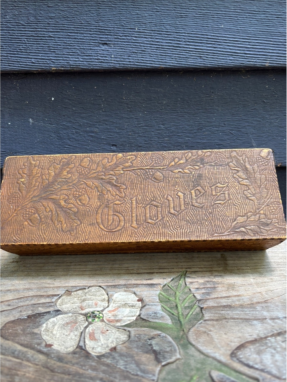 Antique Victorian Pyrography Glove Box, Oak Leaf Acorn, Wood Burned, 1890s